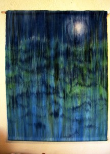 Dian Zahner's " Moon Over Lake Michigan" painted warp with dyes on 20/2 perle cotton warp and woven with sewing thread