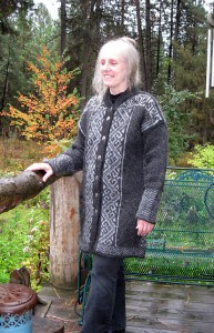 Lori wearing her handknit coat